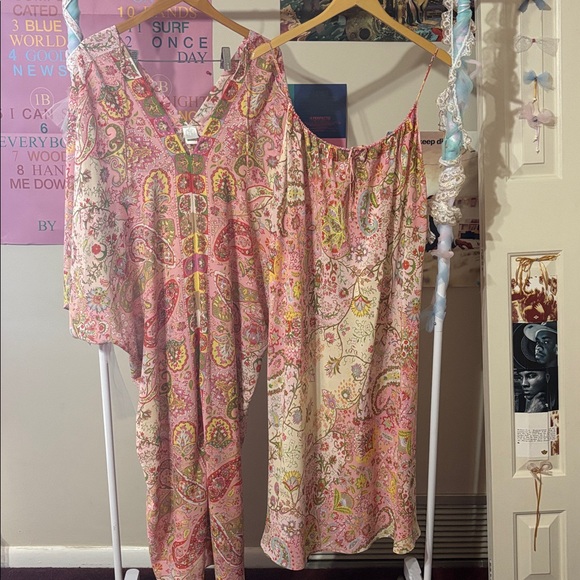 Natori Dresses & Skirts - Natori Vintage y2K Luxury Slip Dress Set Matching Robe Kimono Caftan Large Pink